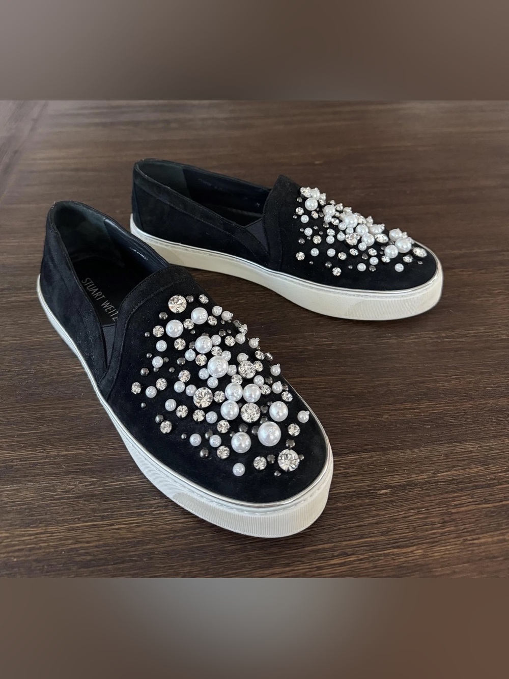 Stuart Weitzman Suede Black Pearl & Crystal Embellished Slip-On Sneakers